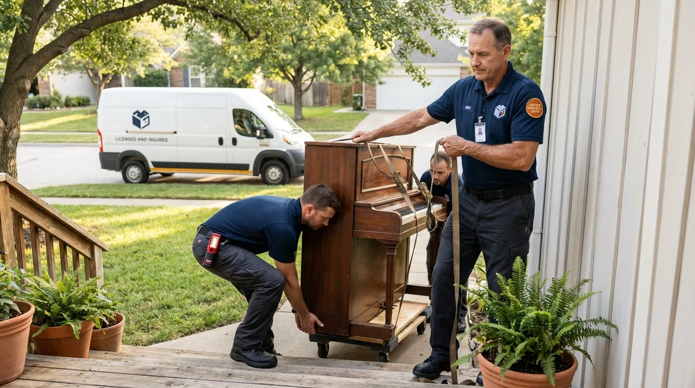Licensed piano movers securing grand piano in Northumberland, PA