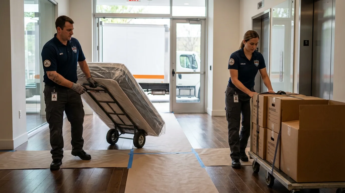 Professional apartment movers loading elevator in Northumberland, PA