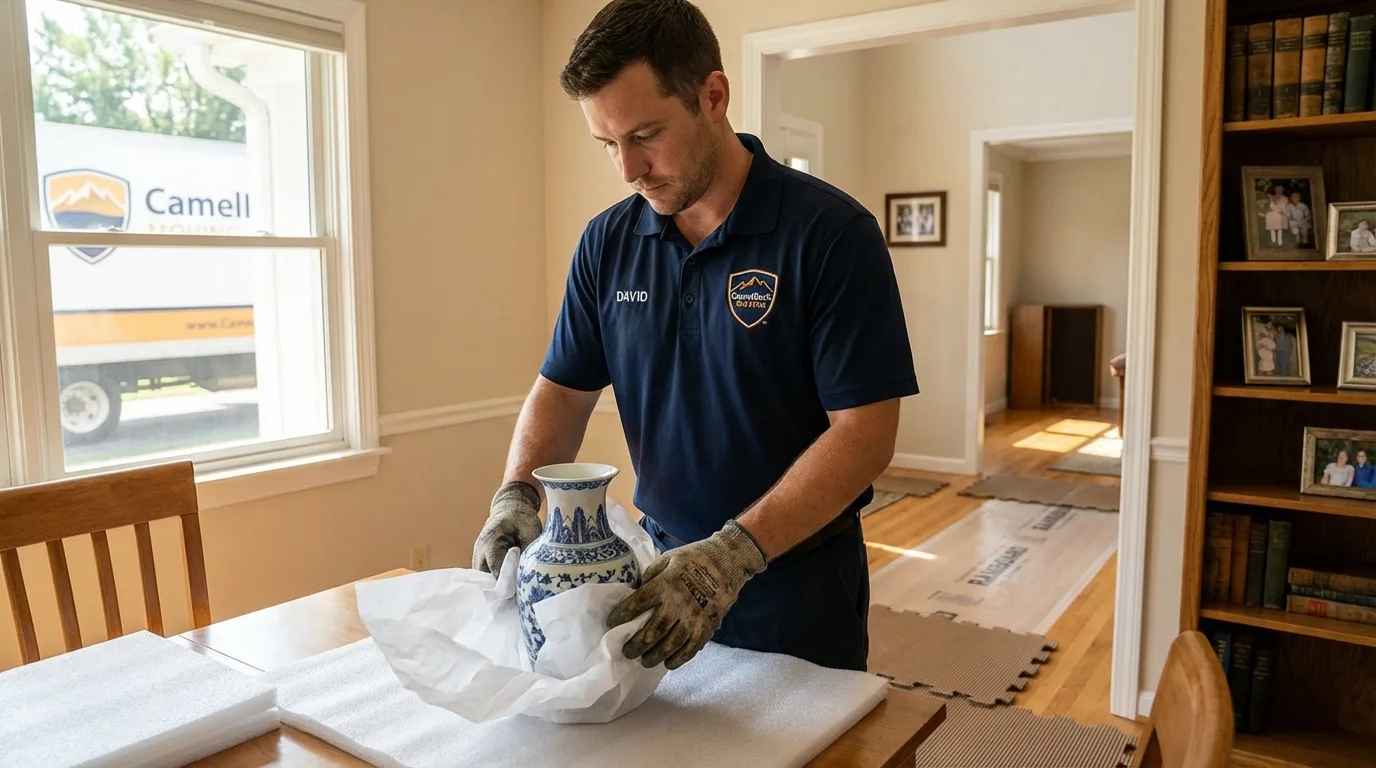 Professional crew carefully wrapping antique vase for senior downsizing move in Northumberland, PA